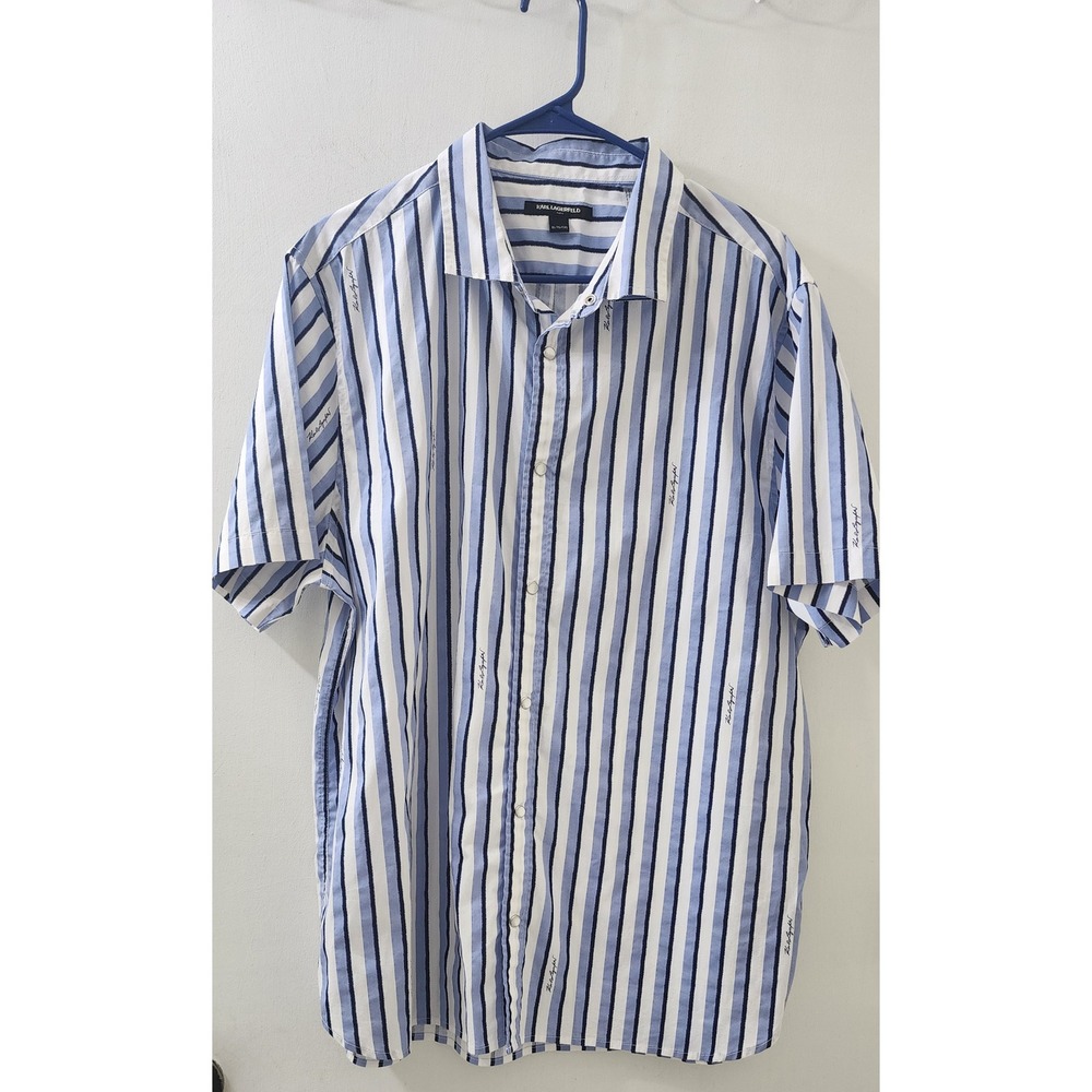 Karl Lagerfeld Paris Mens Blue White Striped Short Sleeve Button Down Shirt XL
